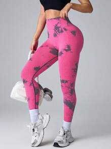 SHEIN Core Rhythm Quần tập yoga cạp cao liền mạch nhuộm màu tie-dye cho nữ - Màu Hồng Tươi - Xem 5