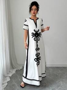 Elenzga Vestido largo casual con estampado floral de manga corta y cuello en V para mujer