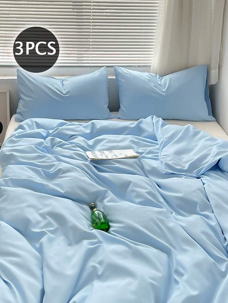 3pcs 100% Polyester Solid Color Duvet Cover Set (1 Duvet Cover And 2 Pillow Shams), All-Season Modern Polyester Bedding Set - Baby Blue - View 1