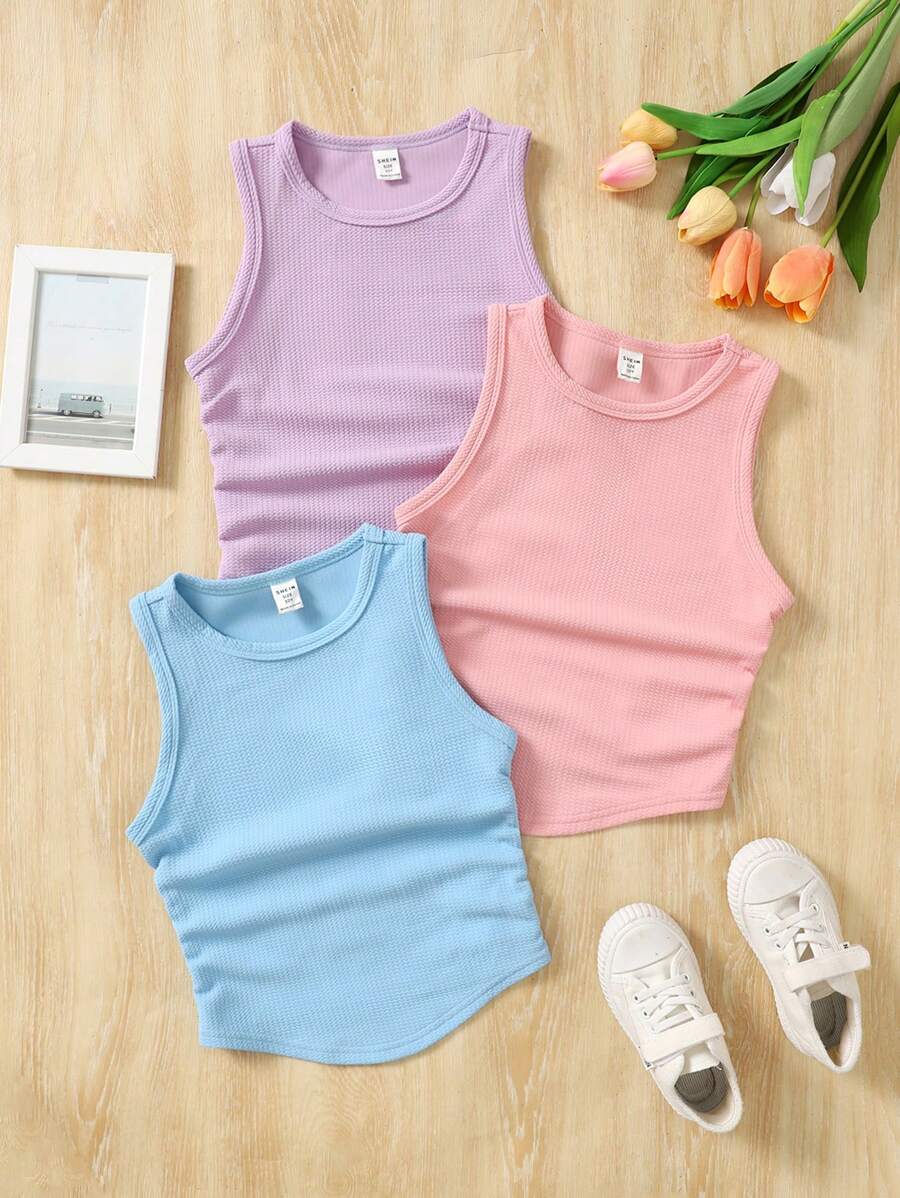 SHEIN 3pcs/Set Tween Girls Solid Color Fitted Casual Short Crop Top - Multicolor - View 1