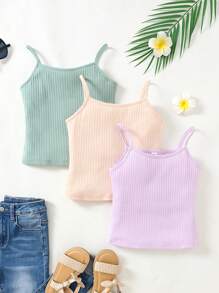SHEIN 3pcs Tween Girl Summer Sporty Streetwear Solid Color Knitted Spring Cami Top Set, School, Campus, College - Mauve Purple - View 1