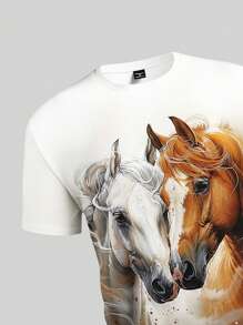 Manfinity RSRT Men's Fashion Casual Vacation Watercolor Painting Realistic Horse Print Fitted T-Shirt, Suitable For Summer Outdoor Party Wear, Couples, Family Matching Top, Great Gift For Boyfriend