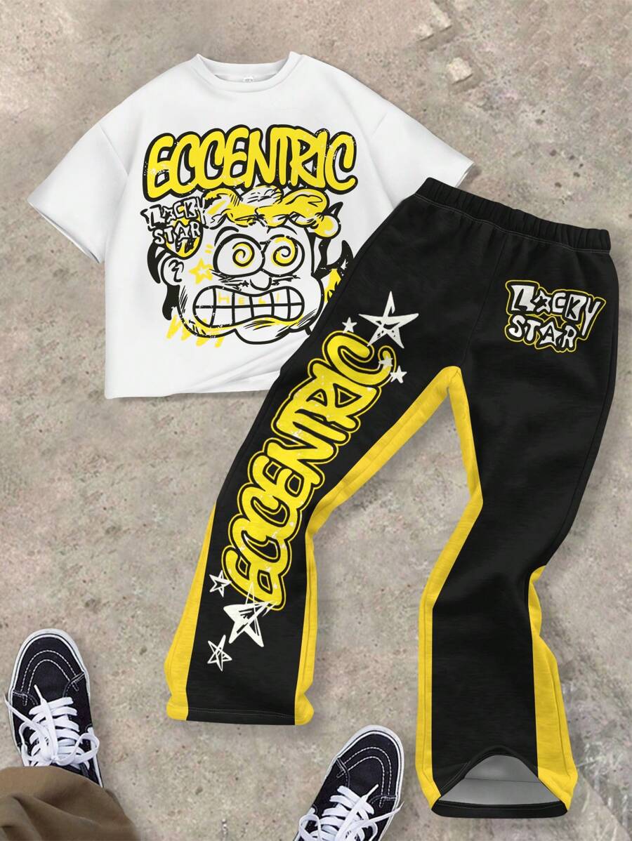 SHEIN 青少年男孩 LUCKY STAR,涂鸦男孩头像,朋克,哥特,摇滚,个性化,态度,2 件套,圆领 T 恤和喇叭裤,休闲装,适合夏季 - 彩色 - 查看 1
