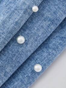 Tween Girl 新款 Y2K 街头风格破洞百搭牛仔夹克，舒适水洗外观，可爱珍珠装饰，泡泡袖，2025 年春夏