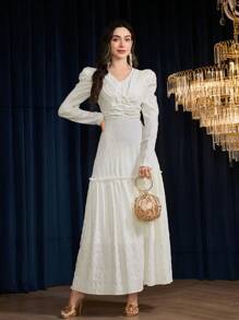Modelyn Women's Elegant White Shirred Maxi Dress With Puff Sleeves And Ruffle Hem