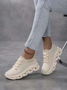 CUCCOO BASICS Women's Solid Color Cable Knit Lace Up Casual Sneakers, Comfortable & Lightweight For Running Spring Shoes Easter Trainers - Apricot - View 6