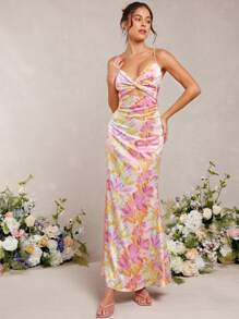 L'Amorae 优雅粉彩花卉印花缎面扭纹前部无袖长裙、婚礼宾客礼服、春季服装、女士夏季服装 - 彩色 - 查看 1