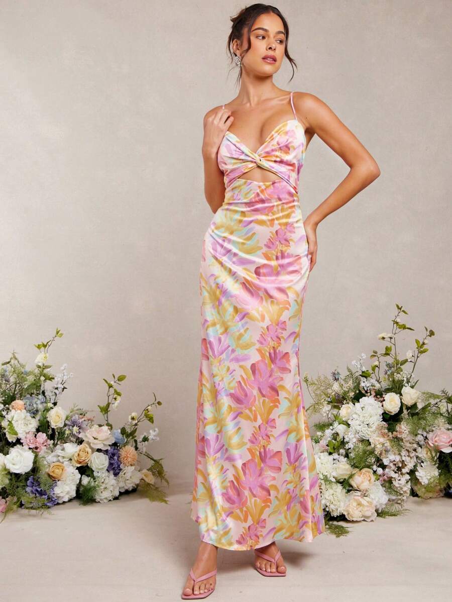L'Amorae 优雅粉彩花卉印花缎面扭纹前部无袖长裙、婚礼宾客礼服、春季服装、女士夏季服装 - 彩色 - 查看 1