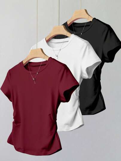 3pcs Teen Girls' Casual Set, Simple Ruffled Waist T-Shirt