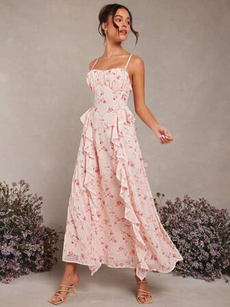 L'Amorae 荷叶边印花长连衣裙