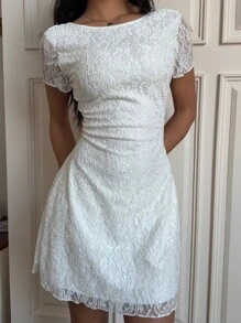 SHEIN EZwear Women Summer Going Out Lace Back Cutout Mini Dress, White Short Sleeve Fashionable Daily