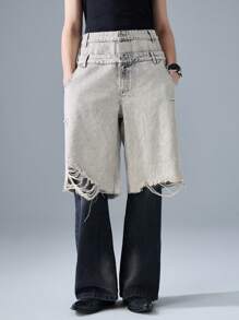 NEON BLANC 男士街头风格编织双腰带浅色创意破洞牛仔短裤，街头潮流 - 卡其色 - 查看 1