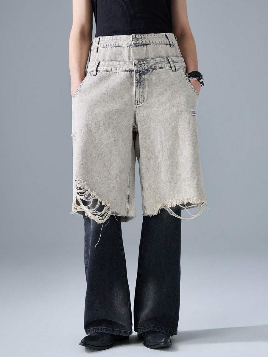 NEON BLANC 男士街头风格编织双腰带浅色创意破洞牛仔短裤，街头潮流 - 卡其色 - 查看 1