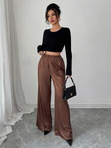 Elenzga Pantalones anchos brillantes, pantalones casuales con cintura elástica de material texturizado - Marrón - Ver 7