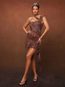 Hauture Summer Women Outfit, Women Clothes, Women One Shoulder Brown Leopard Print Ruched Asymmetric Neck Sexy Mini Dress With Ruffles, Fashion, Women Dresses, Summer Women Dresses, Party Women Dresses, Elegant Women Dresses, Summer Dress, Spring Women Dresses, Bodycon Dress. For Date Night, Concerts, Parties, Clubs, Music Festivals - Multicolor - View 3