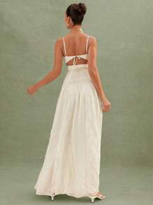 L'Amorae Flowy Smocked Maxi Dress With Elegant Lace Details - Apricot - View 4