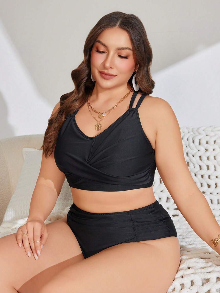 SHEIN Swim Curve Plus Size 2 Pieces Solid Color Crisscross Strap Ruched Regular Triangle Bikini Set For Women, Summer Beach Vacation - Black - View 1