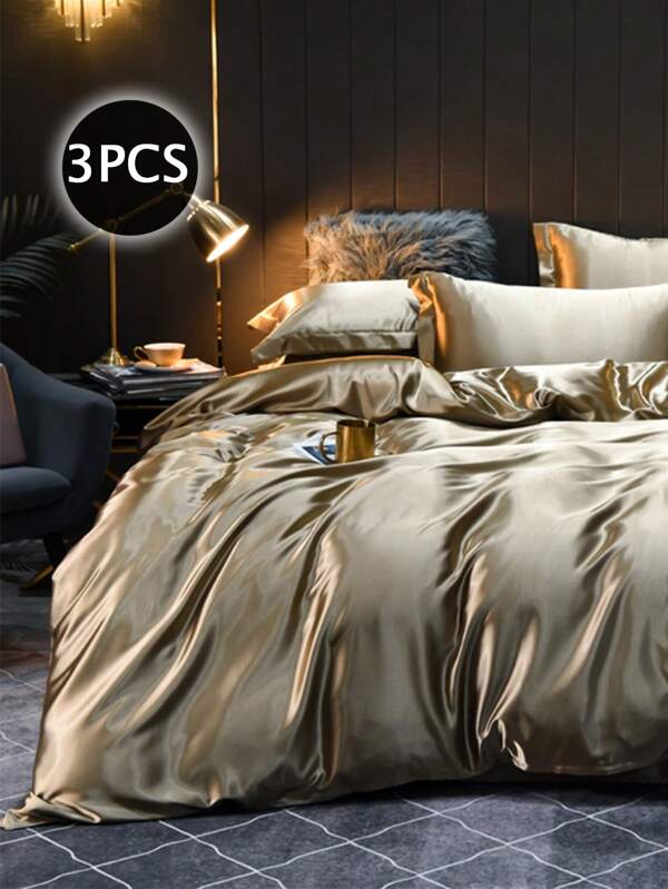 3pcs Satin Duvet Cover Set Without Filler, Pillowcase With Wide Edge,Simple Luxury Silky Modern Polyester Bedding Set For All Seasons (1pc Duvet Cover+2pcs Pillowcases)