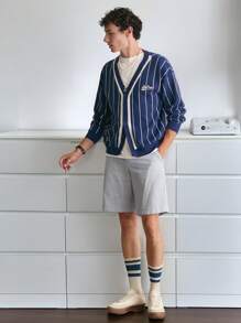 Manfinity Sporsity V-Neck Front Button Striped Print Long Sleeve Knit Cardigan