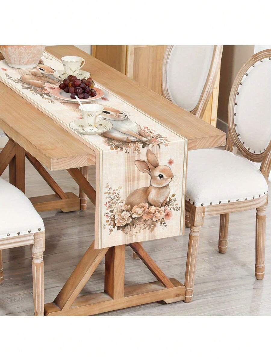 1pc Easter Floral Pattern Delicate Design Style Easter Bunny & Eggs Table Runner, Add Spring Holiday Atmosphere, Suitable For Easter Decoration