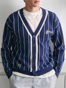 Manfinity Sporsity V-Neck Front Button Striped Print Long Sleeve Knit Cardigan