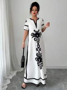 Elenzga Vestido largo casual con estampado floral de manga corta y cuello en V para mujer