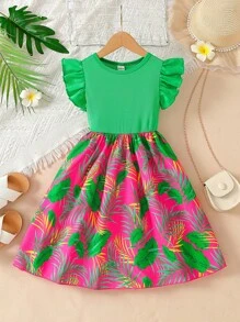 Young Girls Green Digital Print Ruffle A-Line Casual Elastic Waist Dress, Suitable For Daily Casual And Beach Vacation, Summer