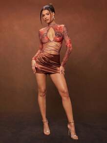 Hauture Summer Women Outfit, Women Clothes, Fashionable Sexy Red And Brown Leopard Floral Print Long Sleeves Hollow-Out Criss-Cross Bodysuit, Women Tops, Women Bodysuits, Long Sleeve Top, Going Out Tops, Sexy Women Tops. For Date Night, Concerts, Performances, Parties, Clubs, Evening, Music Festivals