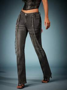Denimoi Celana Jeans Fit and Flare dengan Detail Resleting dan Motif Cuci - Grey - View 1