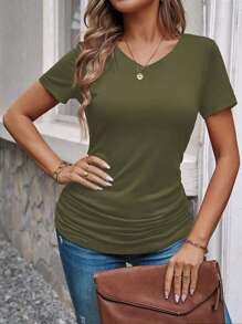 SHEIN LUNE Simple Solid Color Casual Ruched Short Sleeve T-Shirt - Green - View 6