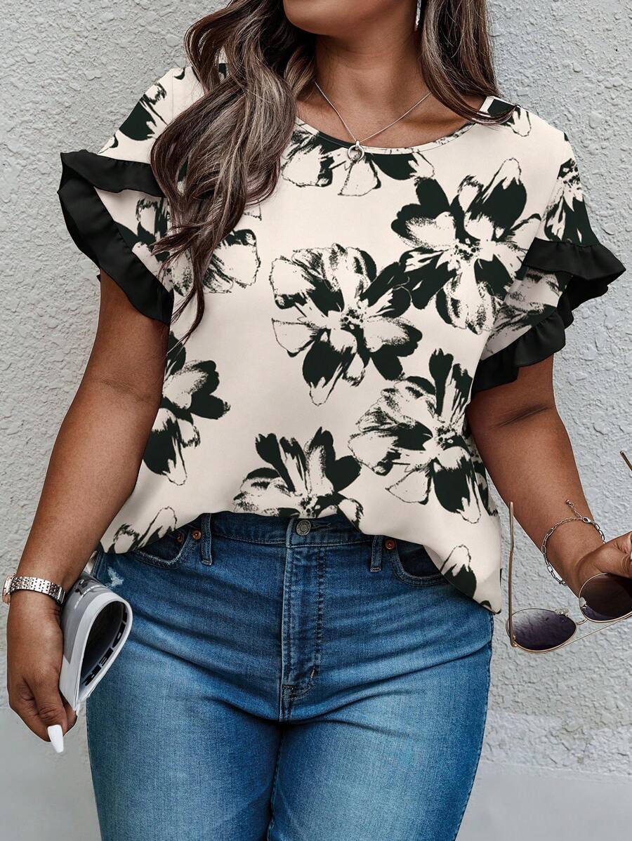 INAWLY Solva Blouse évasée à manches courtes et col en V pour femmes grandes tailles