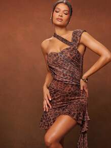 Hauture Summer Women Outfit, Women Clothes, Women One Shoulder Brown Leopard Print Ruched Asymmetric Neck Sexy Mini Dress With Ruffles, Fashion, Women Dresses, Summer Women Dresses, Party Women Dresses, Elegant Women Dresses, Summer Dress, Spring Women Dresses, Bodycon Dress. For Date Night, Concerts, Parties, Clubs, Music Festivals - Multicolor - View 1