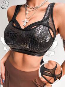 Innovista Women Activewear Foil Print Sports Bra, Faux Leather & Metallic Shine Gym Top, Hollow Out Animal Breathable Mesh Cut Out &Elastic Workout Outfits, Snake Leopard Print, Edgy &Unique Sleek & Lux Tracksuit,Music Festival, Party, Dance,Electric, Yoga,Mat,Pilates,Running,Cardio,Going Out,Athleisure,Strength,Weights,Y2K,Autumn Fall Gear, Bikini, Bathing Suit,Starter Sportswear