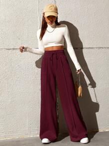 SHEIN Tall CURVE Plus Size Women Casual Loose Straight Leg Pants Burgundy - Burgundy - View 3