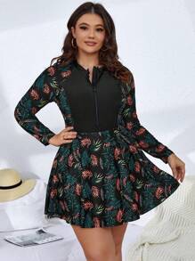 Swim Mulvari Summer Beach Plus Size Tropical Print Zipper Front Swim Dress