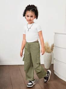 SHEIN 2pcs/Set Young Girl Knitted Solid Color Round Neck Pleated Top And Loose Casual Cargo Pants'