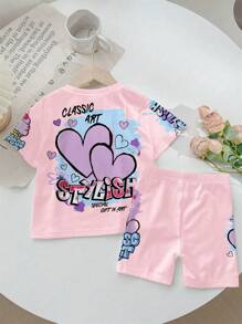 SHEIN Ensemble 2 pièces top à manches courtes et shorts style décontracté minimaliste pour jeunes filles, convient pour l'été