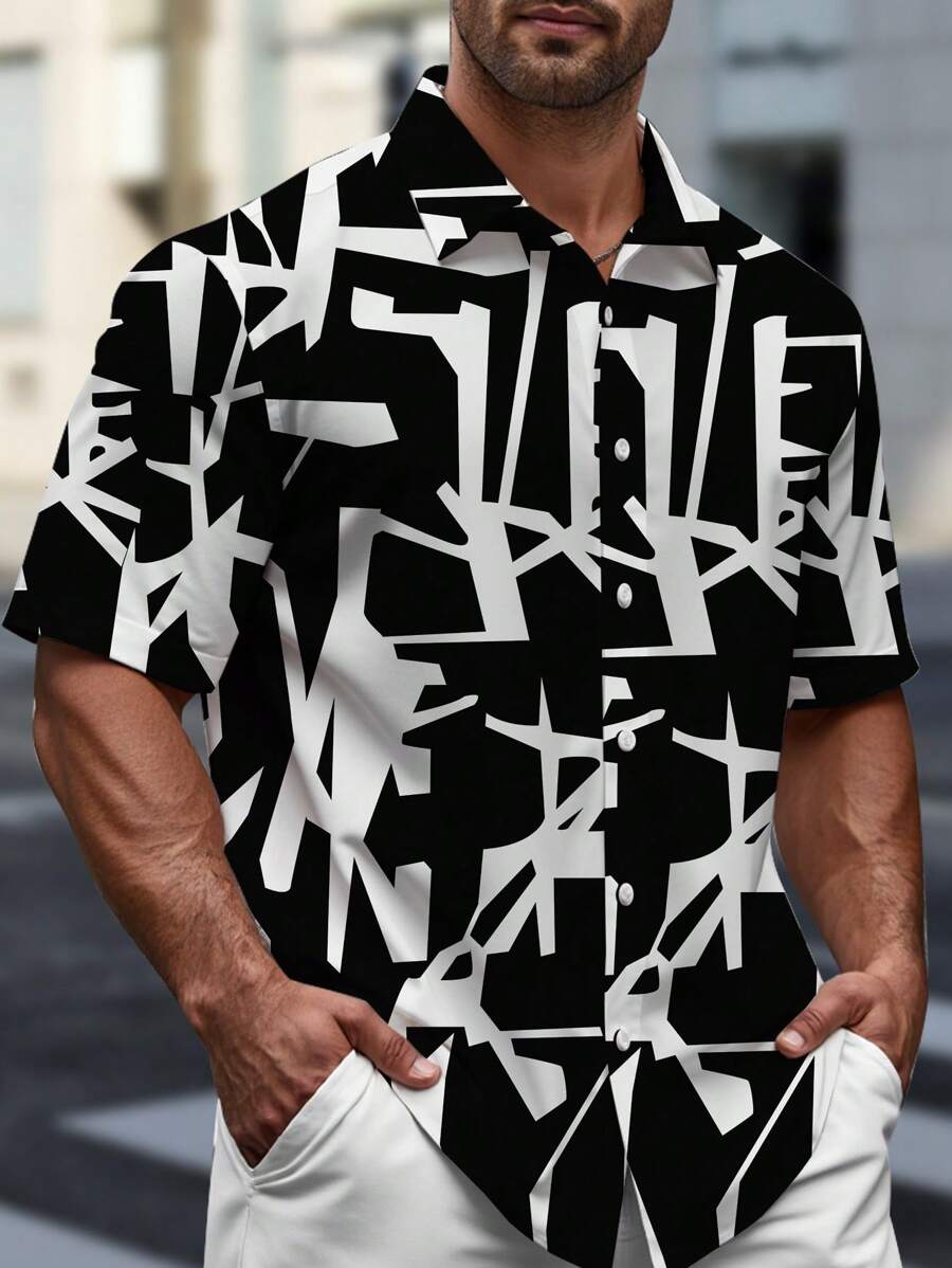 Manfinity Homme Plus Size Men's Slim Fit Casual Shirt Short Sleeve, Minimalist & Fashionable - Black and White - View 1