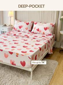4pcs 100% Polyester Heart Print Bedding Set (2 Pillowcases + 1 Bed Sheet + 1 Fitted Sheet), Romantic Wedding Season - Multicolor - View 5