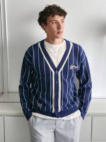 Manfinity Sporsity V-Neck Front Button Striped Print Long Sleeve Knit Cardigan