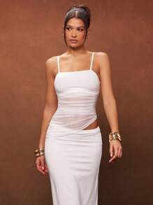 Hauture Women's Solid Color Mesh Ruched Camisole & Fishtail Skirt Set - White - View 2