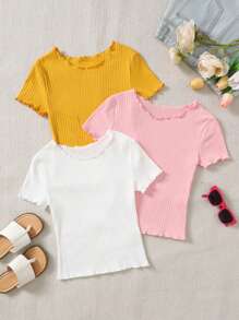SHEIN Leap Crew 3pcs/Set Tween Girl Casual Round Neck Short Sleeve T-Shirts - Yellow - View 1