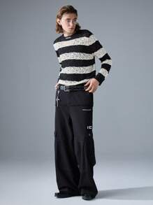 NEON BLANC 男士街头风镂空黑白条纹圆领毛衣，适合秋冬穿着