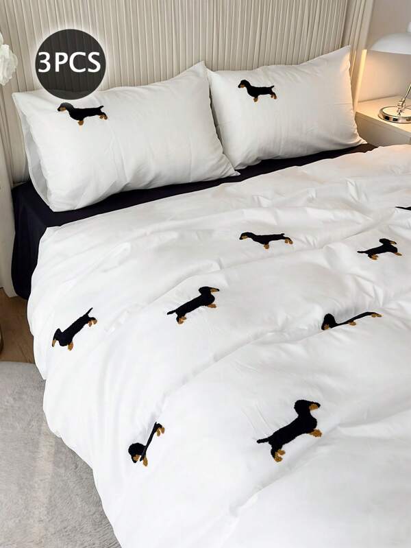 3pcs 100% Polyester Dachshund Embroidery Duvet Cover Set Without Filler,(1Duvet Cover &2 Pillowcases), Modern Polyester Bedding Set For All Season