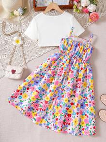 Vestido con tirantes largos con estampado de flores de dopamina para niña preadolescente, con chaqueta corta de color liso