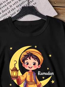 SHEIN 男童休闲时尚圆领针织印花 T 恤 - 黑色 - 查看 3