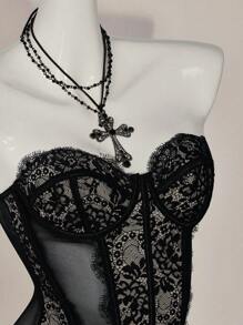 SHEIN ICON 蕾丝拼布胸罩紧身胸衣细节抹胸上衣