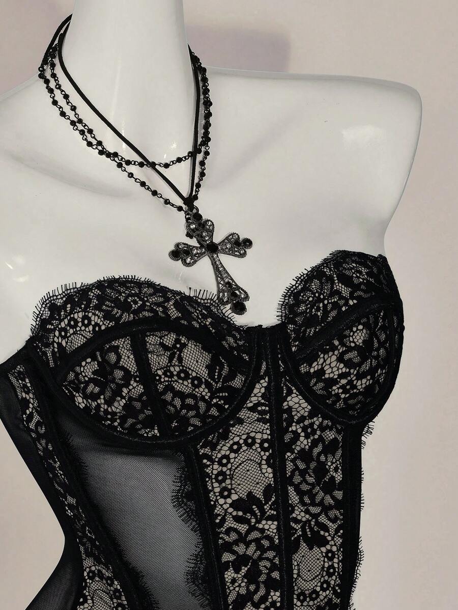 SHEIN ICON 蕾丝拼布胸罩紧身胸衣细节抹胸上衣