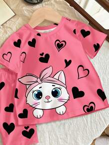 SHEIN Leap Crew 2 件套年轻女孩卡通印花短袖 T 恤和短裤贴身休闲家居服，适合春夏季