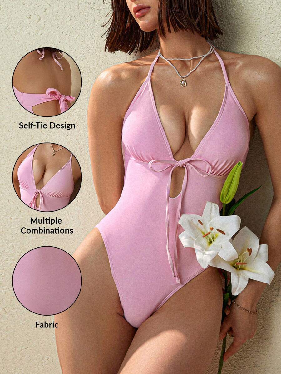 Swim Basics 女士简约风格粉色蝴蝶结褶皱三角杯连体泳衣，海滩度假，适合夏季度假 - 粉色 - 查看 1